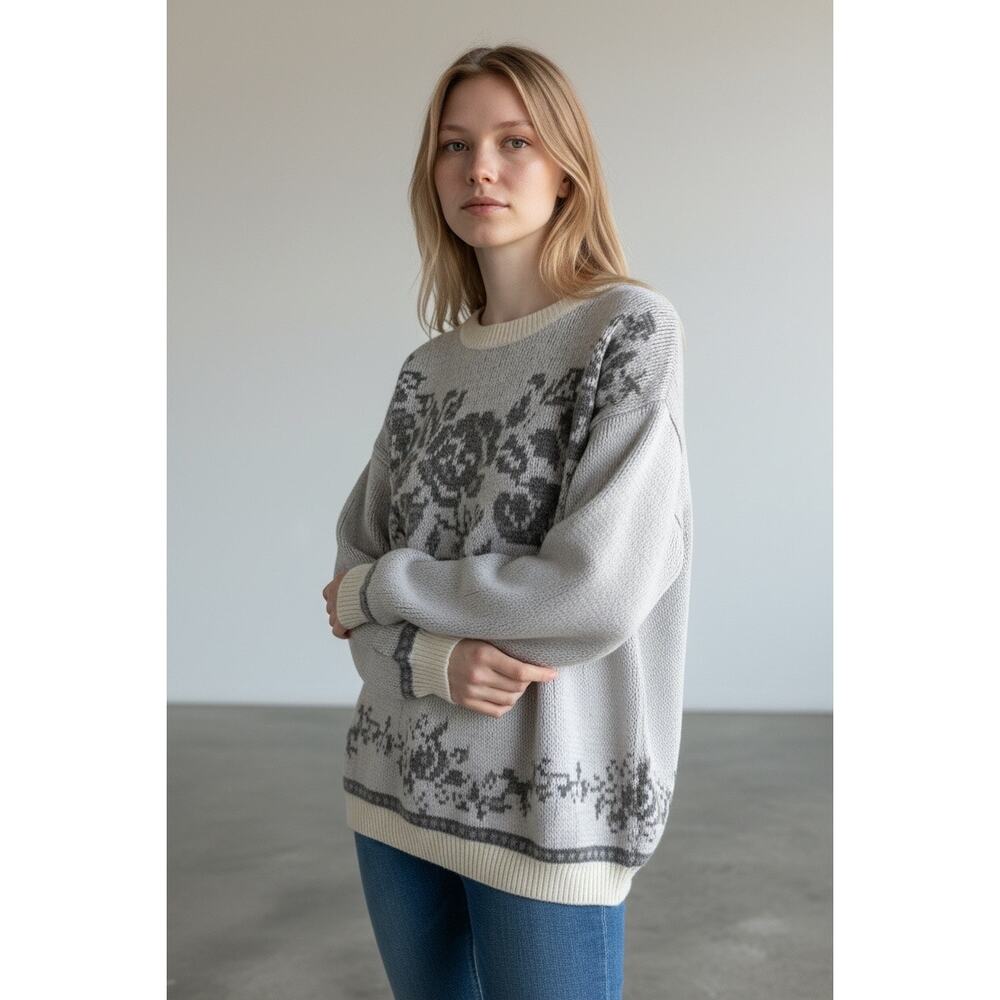 Vintage Floral Knit Sweater Cottagecore Grandpa Cozy 90s L - Picture 2 of 7